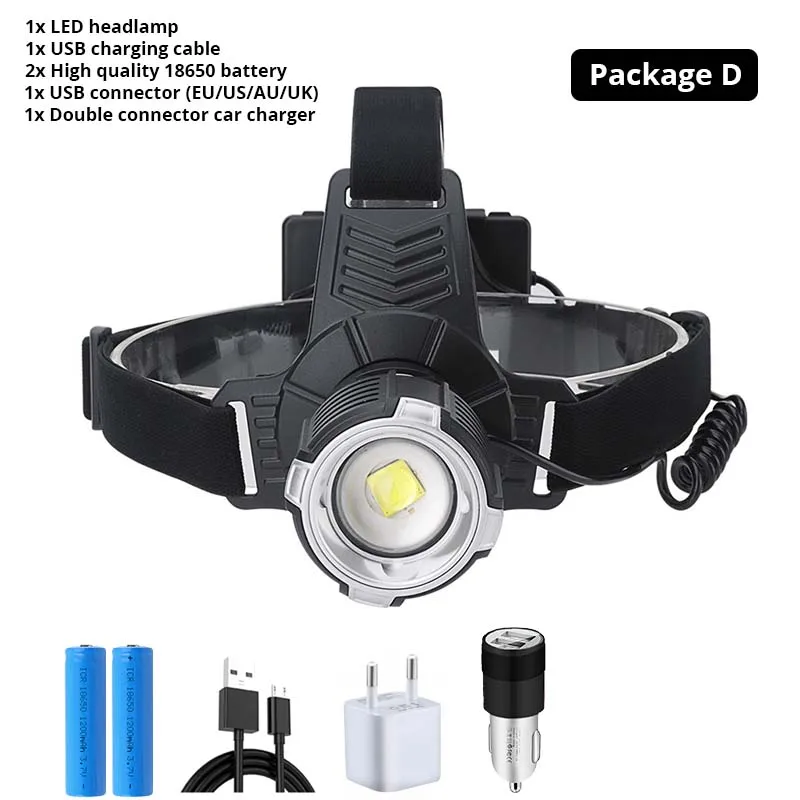 Package D Ультра яркий XHP70.2 светодиодный налобный фонарь USB Перезаряжаемый фонарь Водонепроницаемый зум рыболовный свет 3 режима высокой мощности 18650 фонарик - Испускаемый цвет: Package D