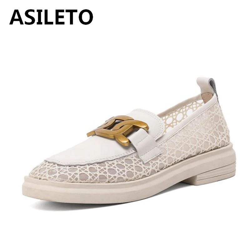 

ASILETO Natural Genuine Leather Flats Loafers Women Round Toe Cutouts Shoes Metal Decoration Casual Footwear US8 9 10 11 B2610