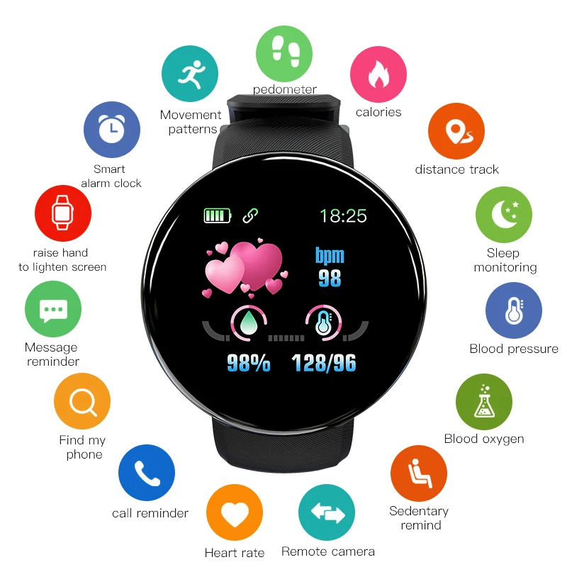 D18 Смарт часы фитнес умные для мужчин и женщин монитор сердечного ритма кровяное