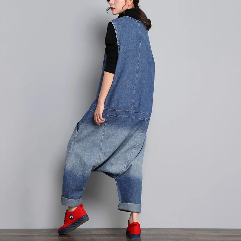 Джинсовые комбинезоны без рукавов для женщин мешковатые плюс размер v образный