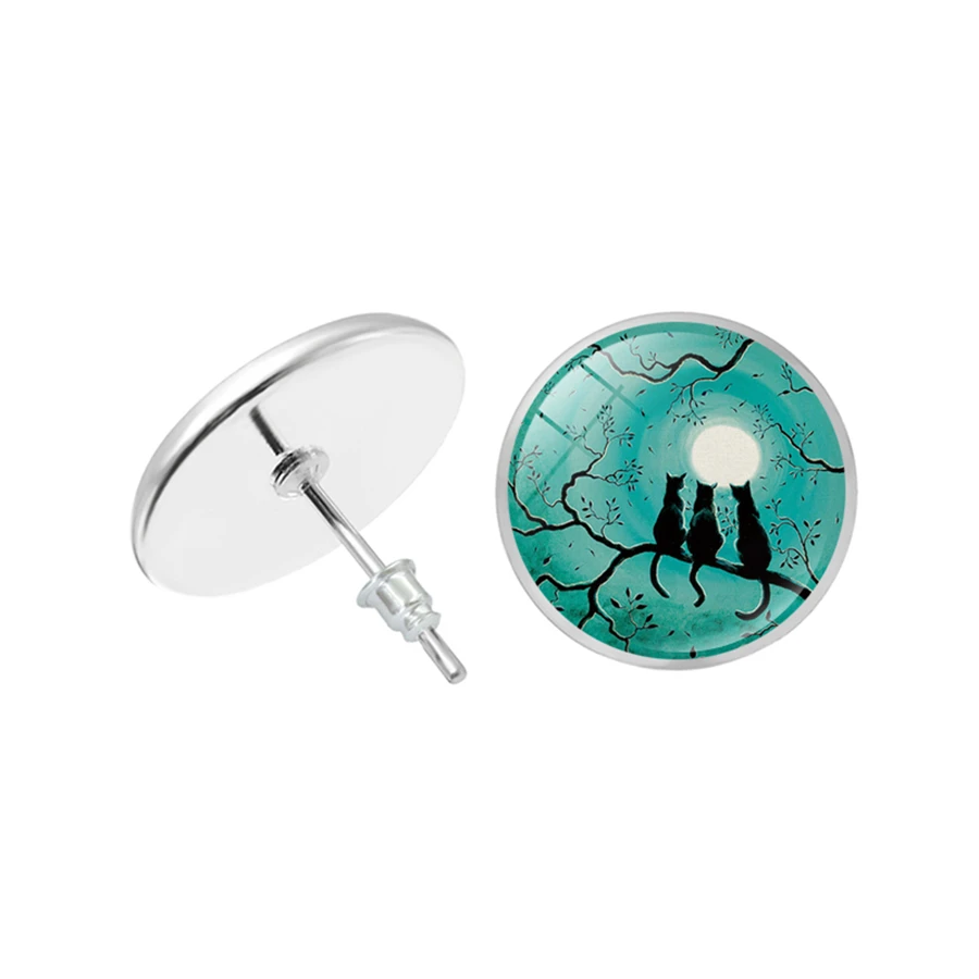 Серьги-гвоздики с полной луной Черный кот на дереве астрономические кольца