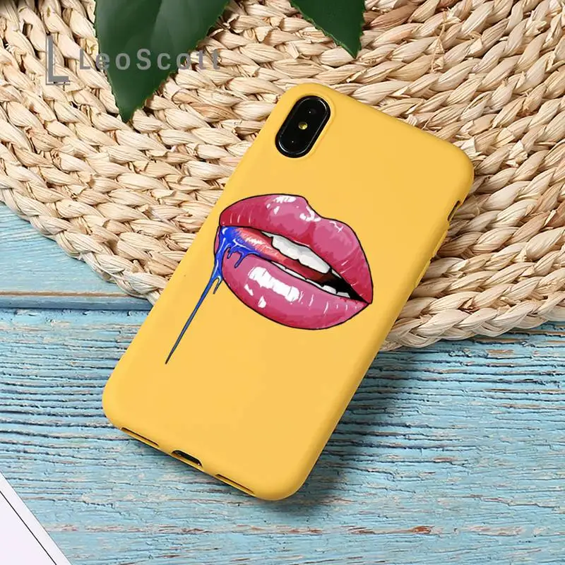 

Sexy lady make up Pink Red lips rolling Phone Case Yellow Candy Color for iPhone 11 12 mini pro XS MAX 8 7 6 6S Plus X 2020 XR