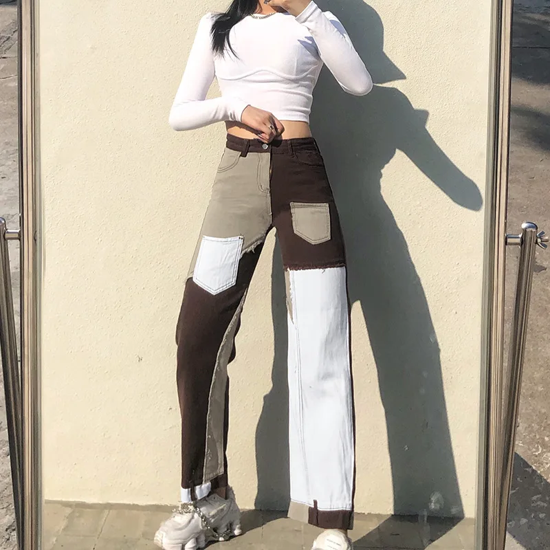 

Pocket Patchwork Straight Jeans Women Vintage High Waist Cargo Trousers Fashion Streetwear Harajuku Slim Denim Pants 90s