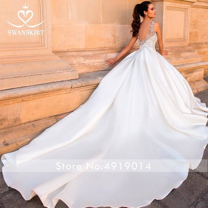 Роскошное атласное свадебное платье Swanskirt, потрясающее бальное платье с круглым вырезом и кристаллами, платье для невесты с часовым шлейфом, размер F220