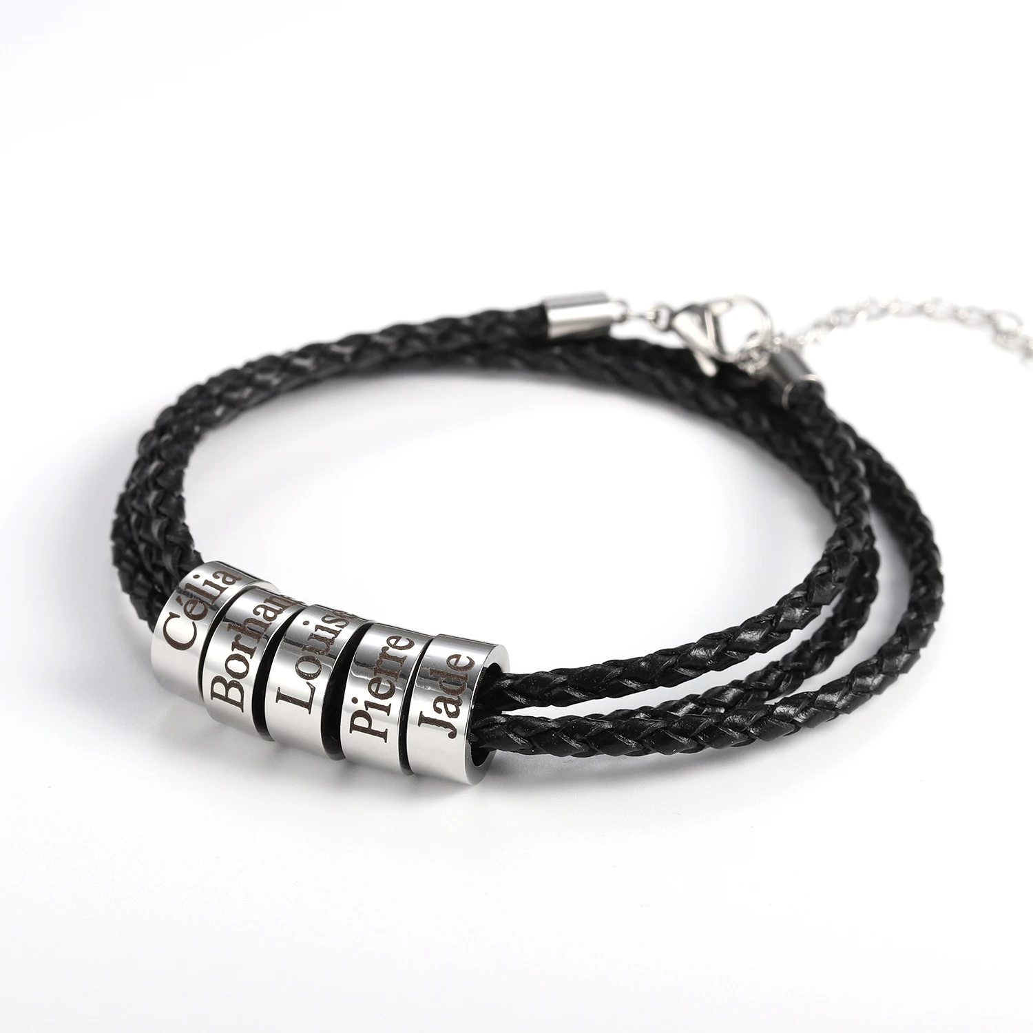 Customized Stainless Steel Charm Bracelets Genuine Leather Braided Rope Men Bracelet Personlized With 1-5 Names Beads Jewelry