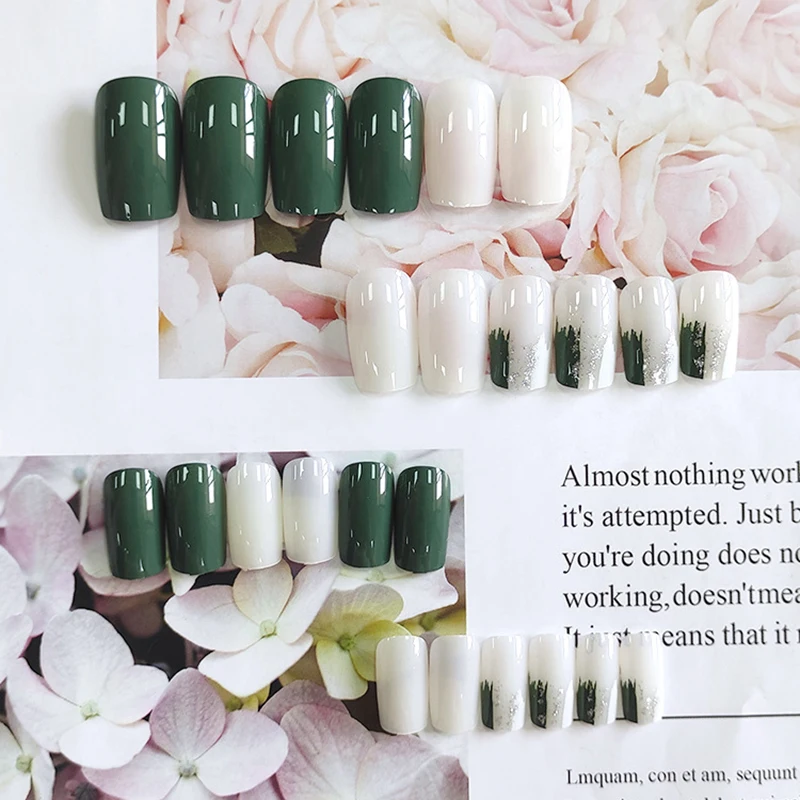 

24pcs Fake Nails With Glue Green And White Wear Long Paragraph Fashion False Nails Wearable Nail Patch Press On Nails DL