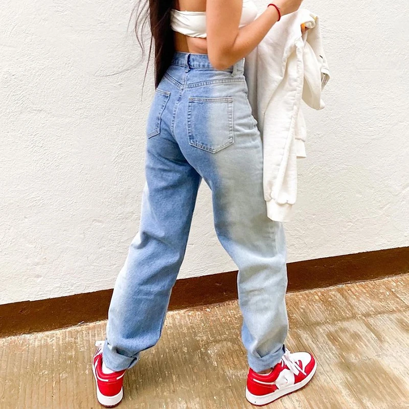 

YICIYA Blue Casual Gradient Jeans Ladies Fashion Vintage High Waist Denim Pants Pocket Women Summer Straight Long Trousers 2021
