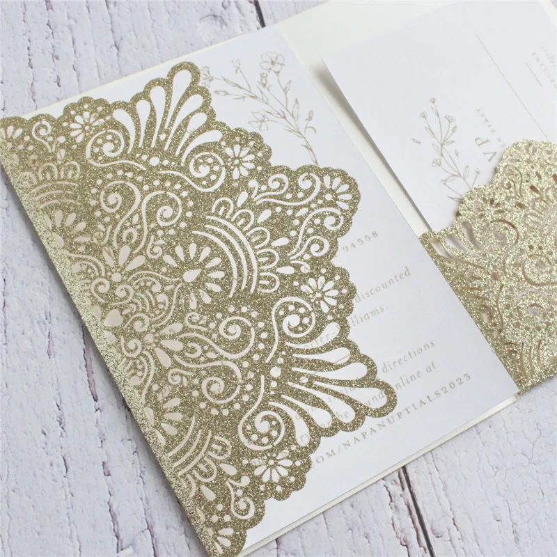 Glitter laser cut wedding invitations tri-fold pocket invitation 50pcs gold silver rose custom printing invite RSVP | Дом и сад