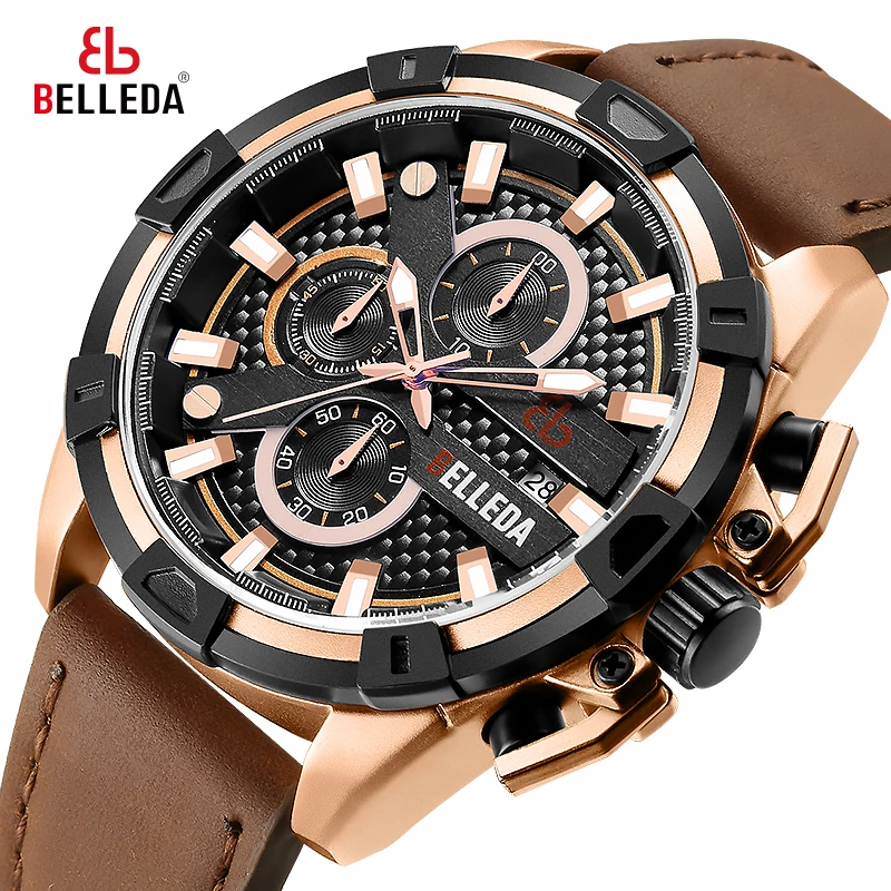 

Fashion Luxury BELLEDA Brand Mens Sports Analog Black Leather Band Quartz WristWatches Rose Gold Watch Men Watches Casual