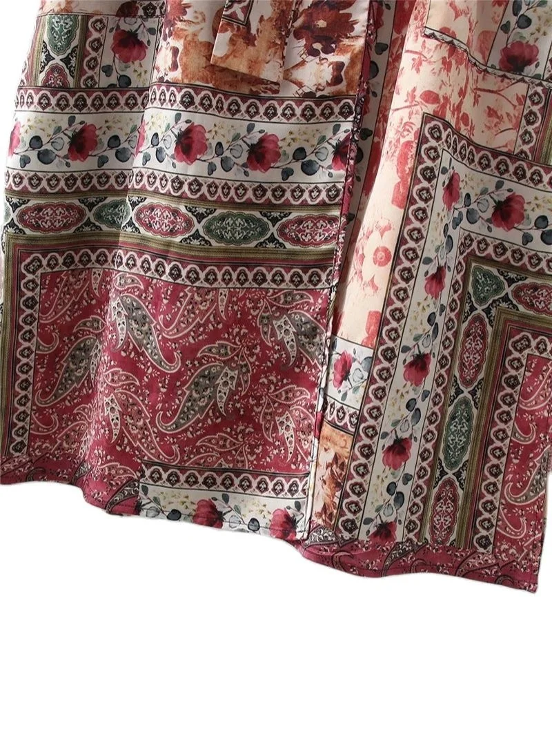 

Women Summer Vintage Cloth Patchwork Print Casual Long Smock Blouse Sashes Kimono Chic Open Stitching Lace-up Jacket