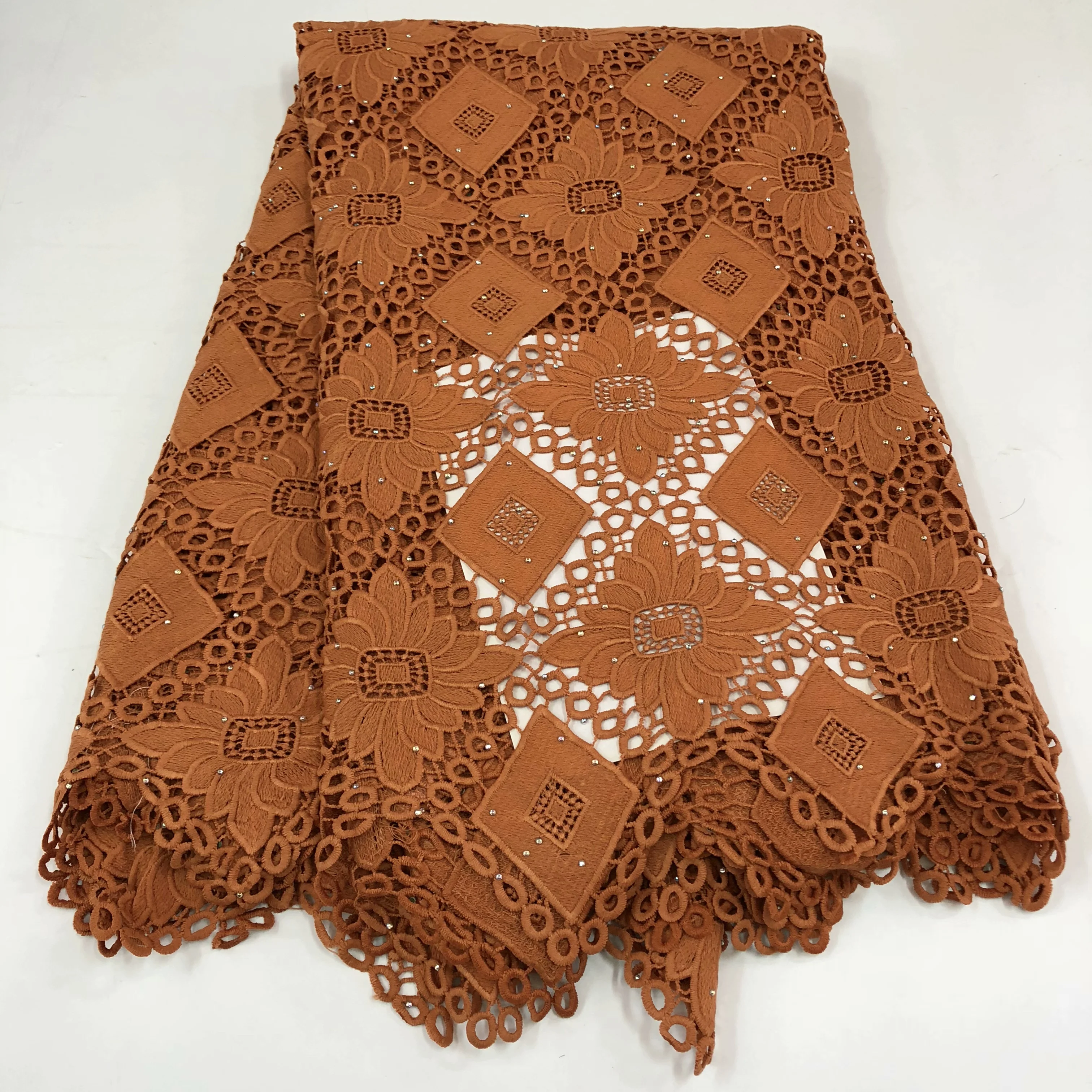 

Burnt Orange Asoebi Guipure Cord Lace Rhinestones African Nigerian Fabric For Wedding Dress Sewing