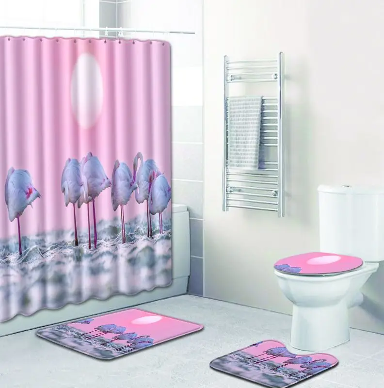 

3D Flamingo Pink Shower Curtain Rug Sets Bathroom Set with Shower Curtain and Rugs Bathroom Accessories Set Bath Curtain Set