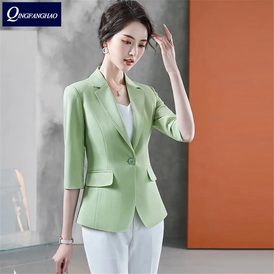 Женский Зеленый Блейзер в Корейском стиле, Повседневный, с тонкой талией, с рукавом до середины икры Ms. Профессиональный пиджак от AliExpress RU&CIS NEW