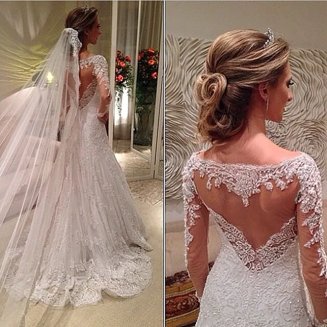 

Vestidos De Noiva 2016 Vintage Scoop Neck Applique Sheer Back Long Sleeves A Line Lace Wedding Dresses Bridal Gowns BO6022
