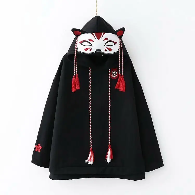 Японские милые уличные модные женские толстовки Harajuku Kawaii С лисьими ушками толстовка с капюшоном с вышивкой Сакура плюс бархатный пуловер Топы