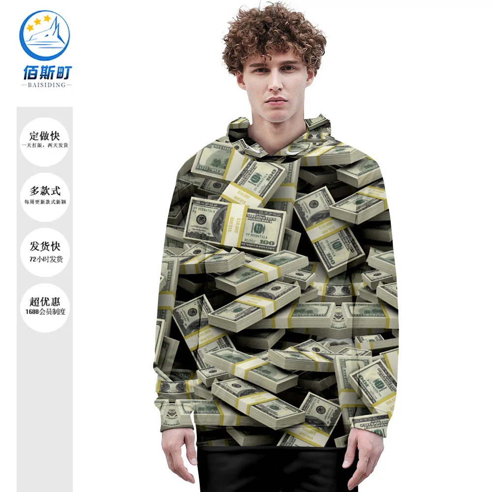 

New US Dollar bills 3D Digital Printing Adult Trend Casual Hooded Internationally Issued