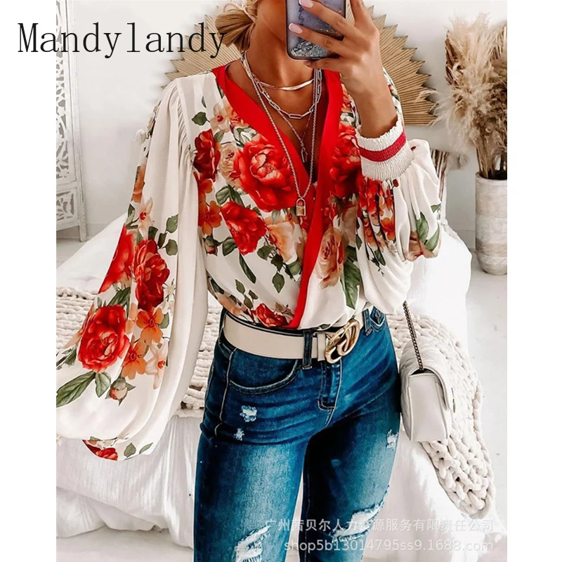 

Mandylandy Women's Elegant Floral Print Shirt Top Ladies Casual Fashion Long Lantern Sleeve V Neck Loose T-shirt Blouse