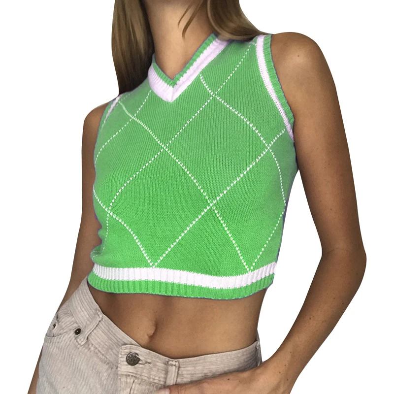 

2021 Women Sweater Vest Sleeveless Geometrical Pattern Print Slim Fit V-Neck Casual Green New Fashion Ladies Clothing