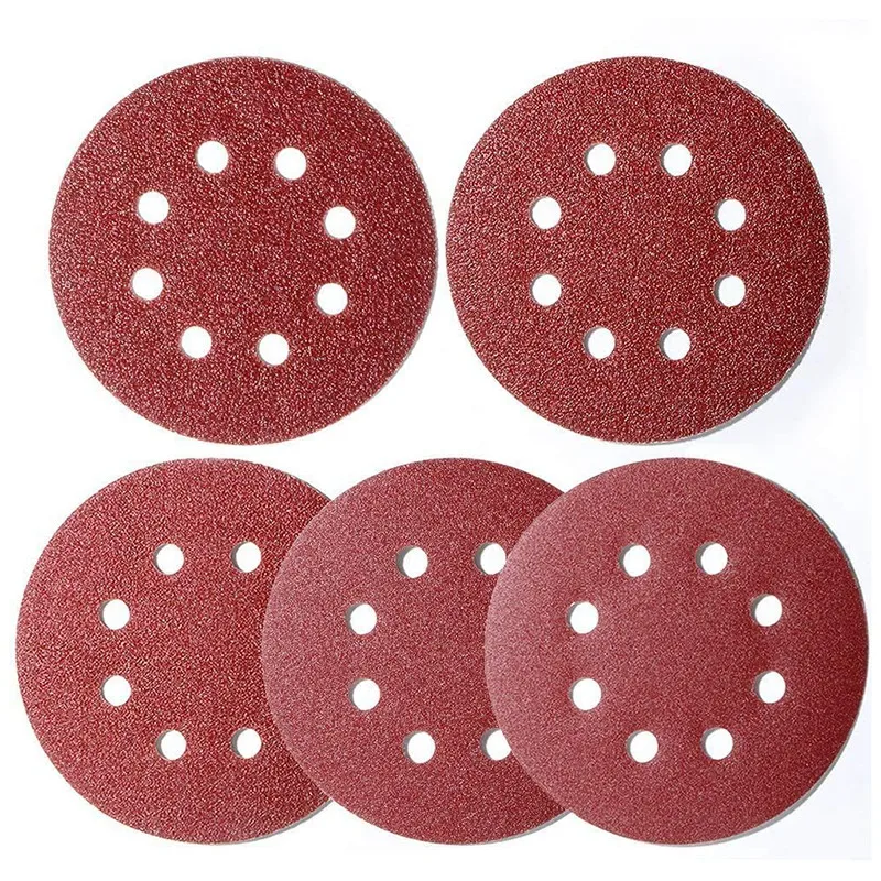 

Лидер продаж, 100 шт., 5 дюймов, 8 отверстий, крючок и петля, шлифовальные диски, зернистость 20x40/60/80/120/180, наждачная бумага для случайного орбитал...