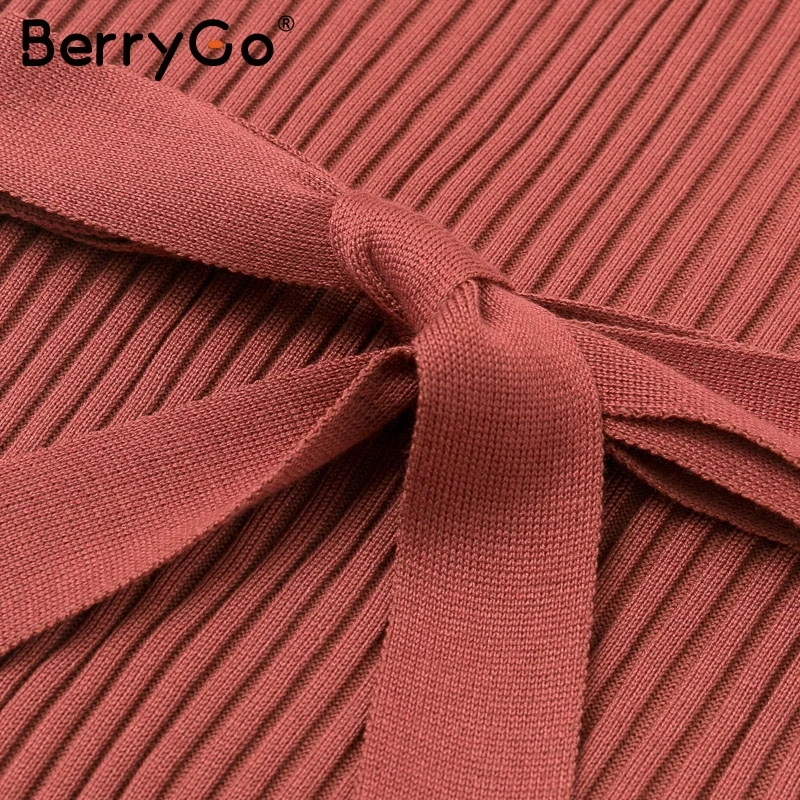 BerryGo элегантное женское вязаное платье с v-образным вырезом поясом на пуговицах