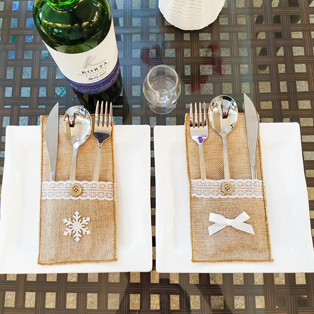 1/2/4/6/10PCS Christmas Linen Lace Embellished Tableware Silverwaser Holder Dinner Table Decoration Knife And Fork Cover 20x10cm | Дом и сад