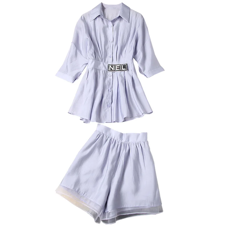 

2 Piece set Women Ruched Slim Single-breasted 3/4 Sleeve Shirts Tops + Organza Patchwork Hem Wide leg Shorts Fashion Suits