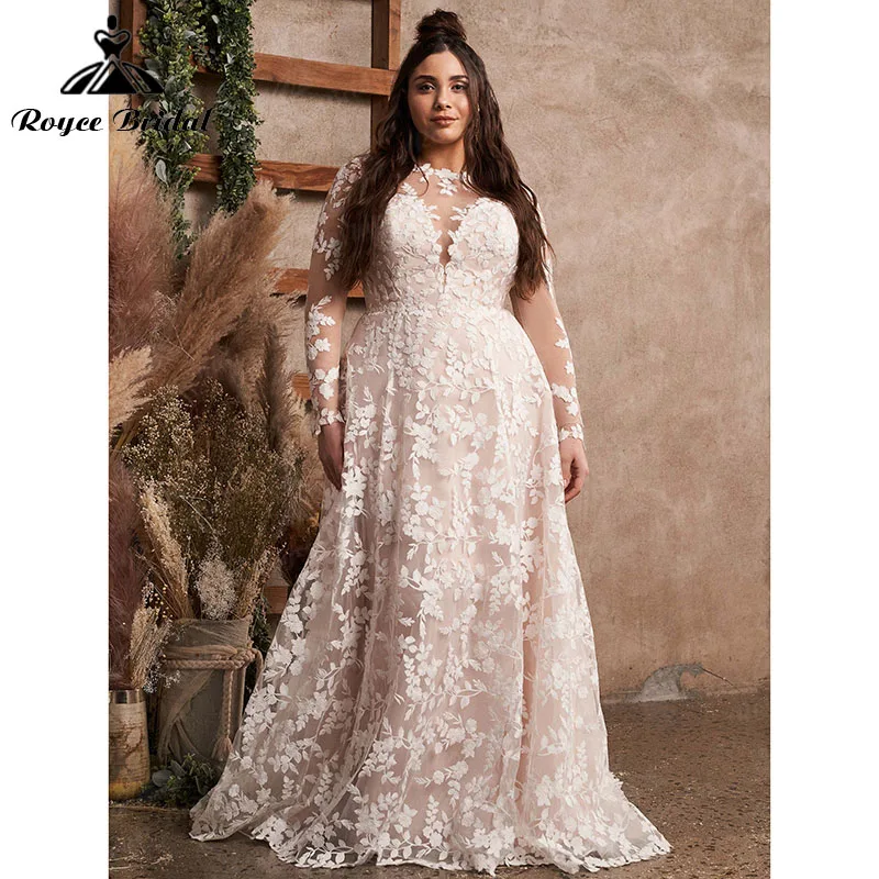 

Elegant A Line Plus Size Wedding Dress Blush Pink Long Sleeve Backless Lace Appliques Bride Gown Vestidos De Novia Roycebridal