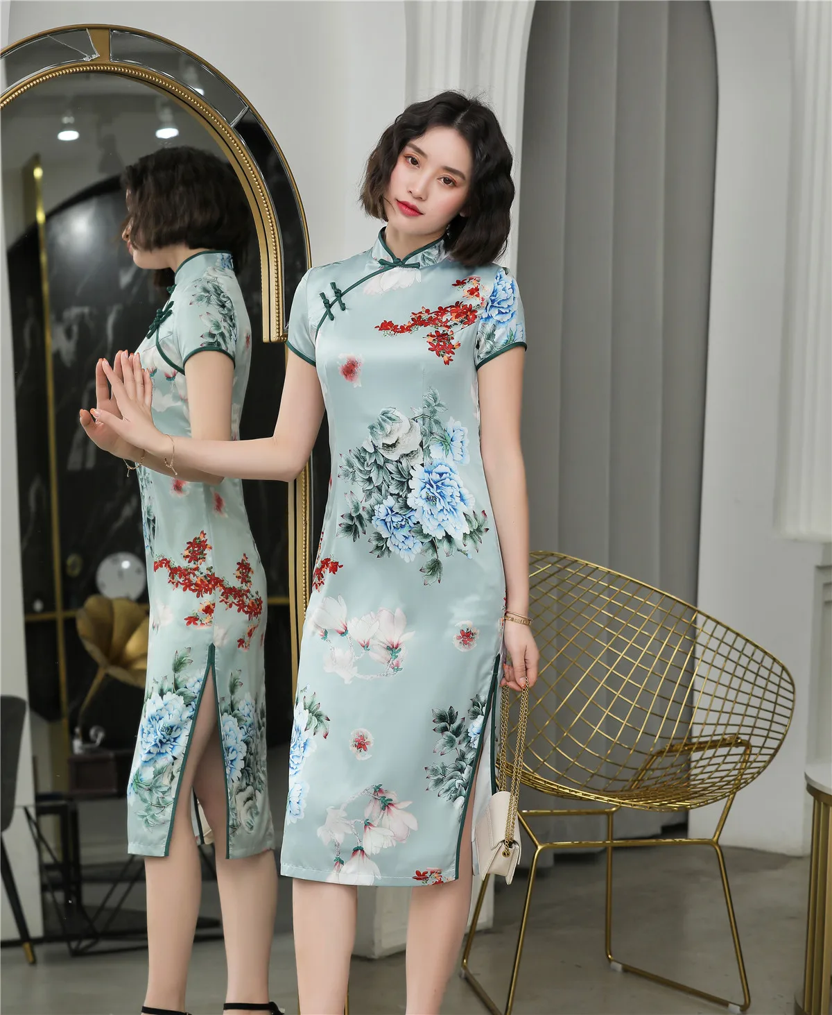 

Shanghai Story 2020 New Sale Short Sleeve Chinese Style Dress Faux Silk Cheongsam Knee Length Qipao with Lining 3 Color