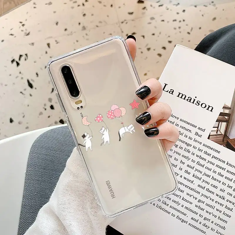 

Creative white Cute cat Phone Case Transparent for Samsung A71 S9 10 20 HUAWEI p30 40 honor 10i 8x xiaomi note 8 Pro 10t 11