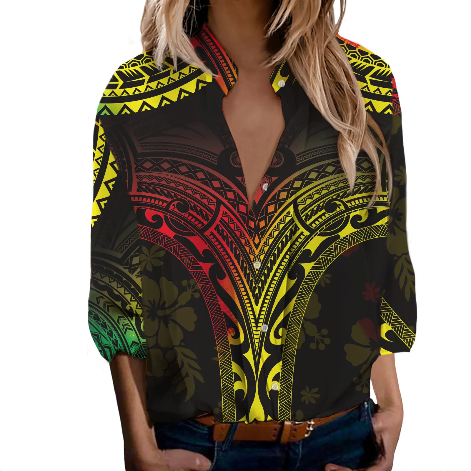 

Полинезийская Этническая шифоновая блузка с длинным рукавом, осенняя одежда в новом однобортном пальто, свободная атласная рубашка