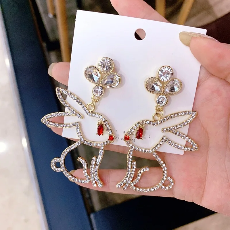 Корейские модные серьги, яркий блестящий хрустальный кролик, милый полый Кристальный кулон, массивные серьги, Женские Ювелирные изделия для девушек