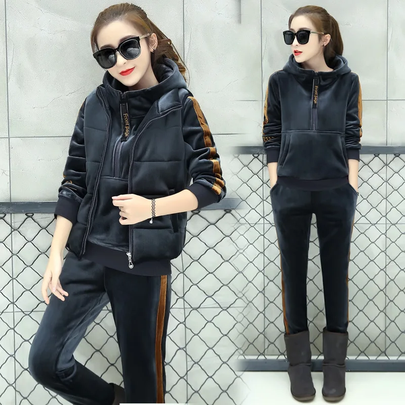 Three-piece Tracksuit Women Warm suede Thicken Autumn/winter Hoodie Harem Pants Blazer Plus Size Windproof Tennis Apparel Warm