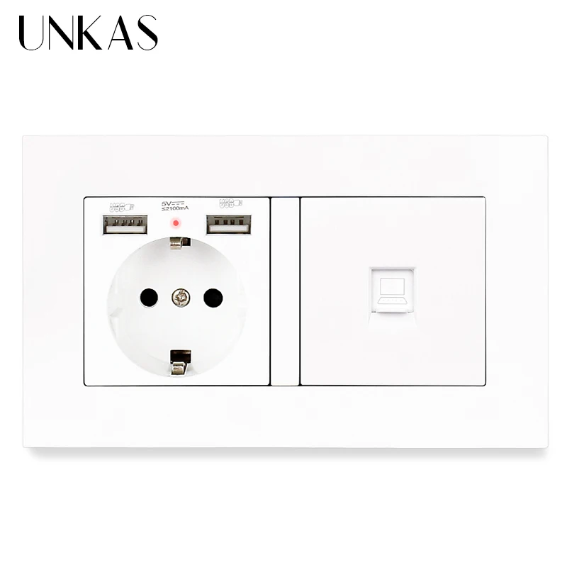UNKAS ПК Пластик Панель настенная розетка стандарта ЕС 2 USB зарядка Порты и разъёмы