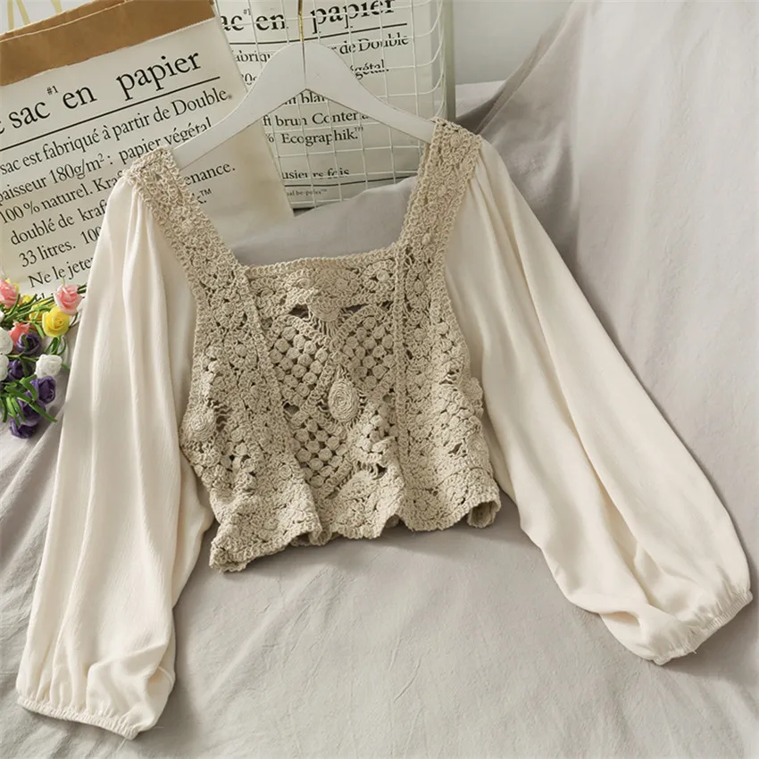 

Блузка женская хлопковая с пышными рукавами, Повседневная Свободная блузка в богемном стиле с вышивкой, укороченный топ в Корейском стиле, ...