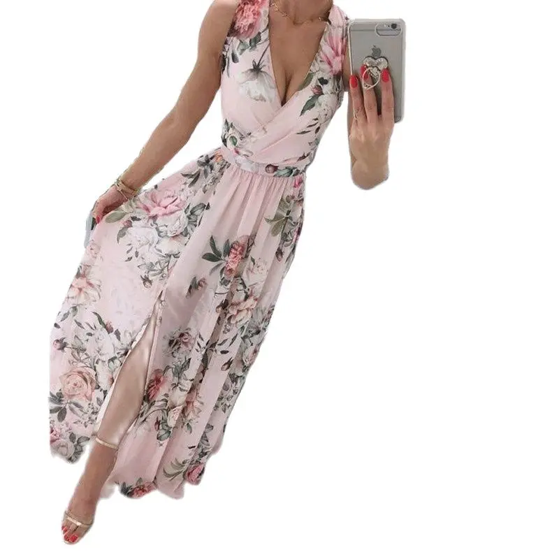 

Summer 2021 Sleeveless Chiffon Long Skirt Sexy Deep V Neck Floral Bohemian Elegant Party Beach Holiday Dress Robe