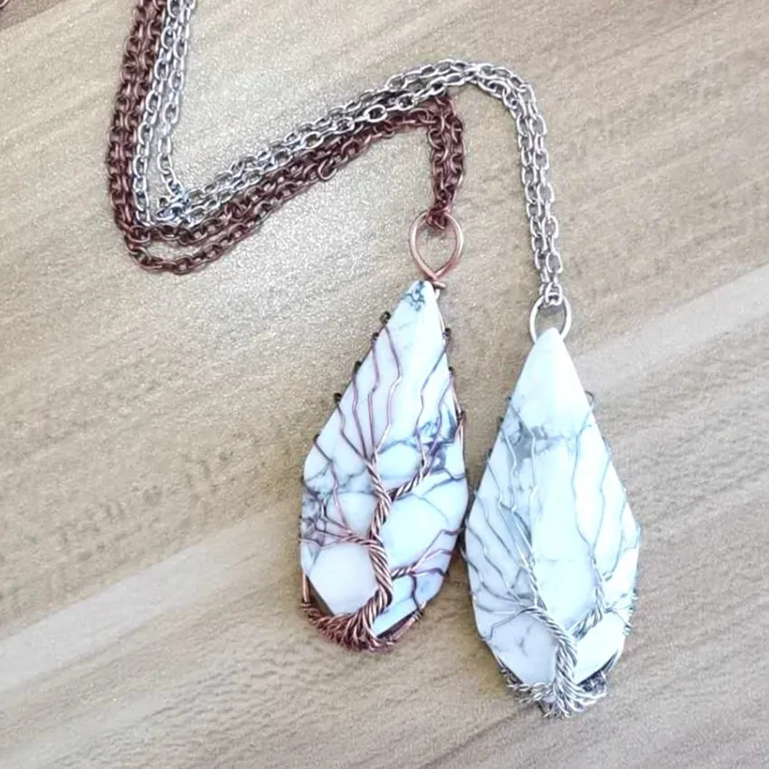 

FYJS уникальный посеребренный провод обертывание капли воды белый камень Howlite кулон звено цепи ожерелье Модные ювелирные изделия