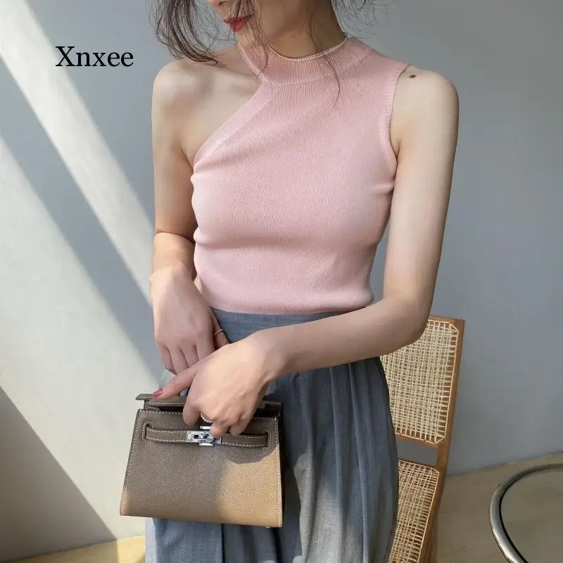 Летняя трикотажная майка на одно плечо Женский Повседневный однотонный жилет