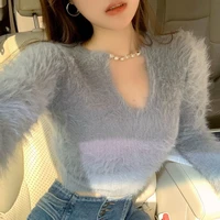deeptown sexy korean style grey cropped knitted sweater women slim solid v neck long sleeve jumper female winter chic fashion