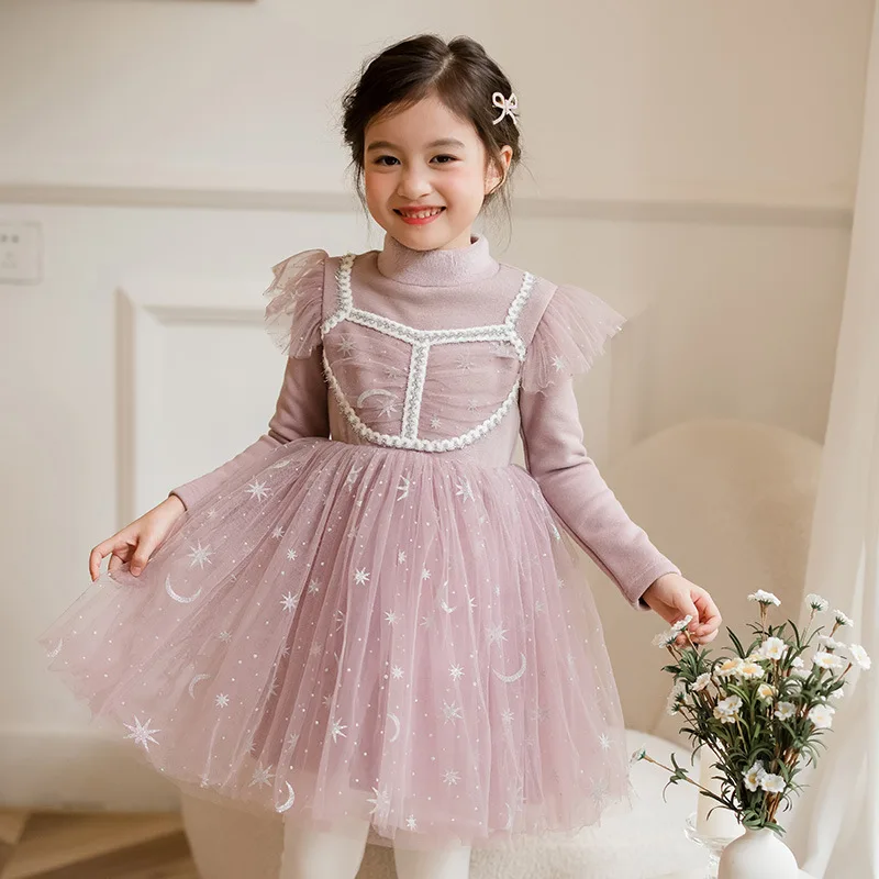 

Новинка Весна 2022 шикарное детское платье в Корейском стиле розовое бархатное плотное платье принцессы с длинным рукавом и круглым вырезом