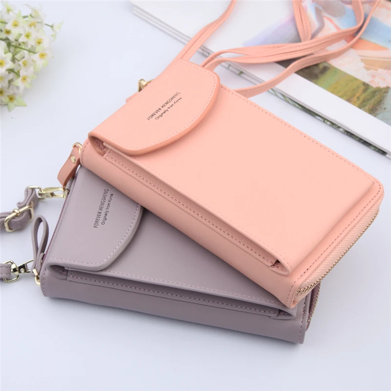 

2020 Women Wallet Solid Color Leather Shoulder Straps Shoulder Bag Mobile Phone Big Card Holders Wallet Handbag Pockets Girls