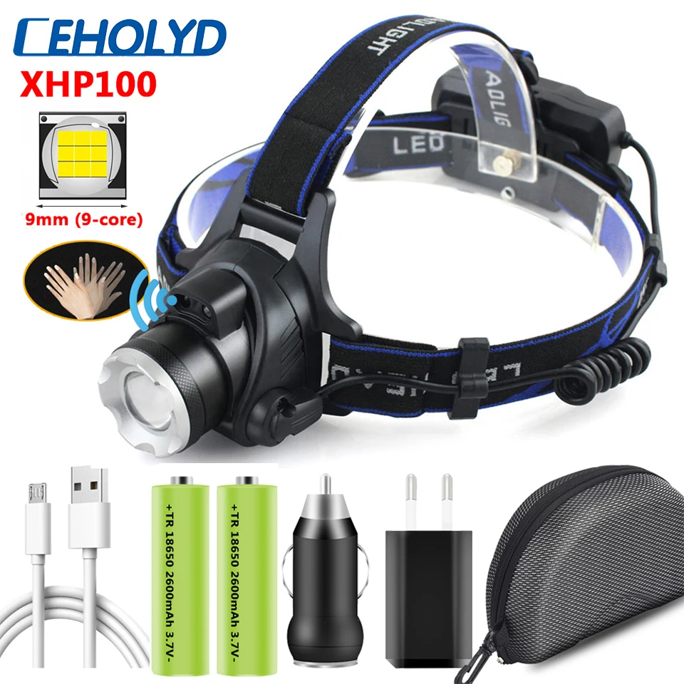 

XHP100 The most Brightest Led Headlamp Zoomable Sensor Switch Head Flashlight Lamp Torch Headlights Usb Rechargeable for Camping