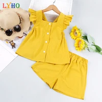 2021 new girl summer flying sleeve top shorts two piece suit pure yellow colour single breasted tops and bottoms sets