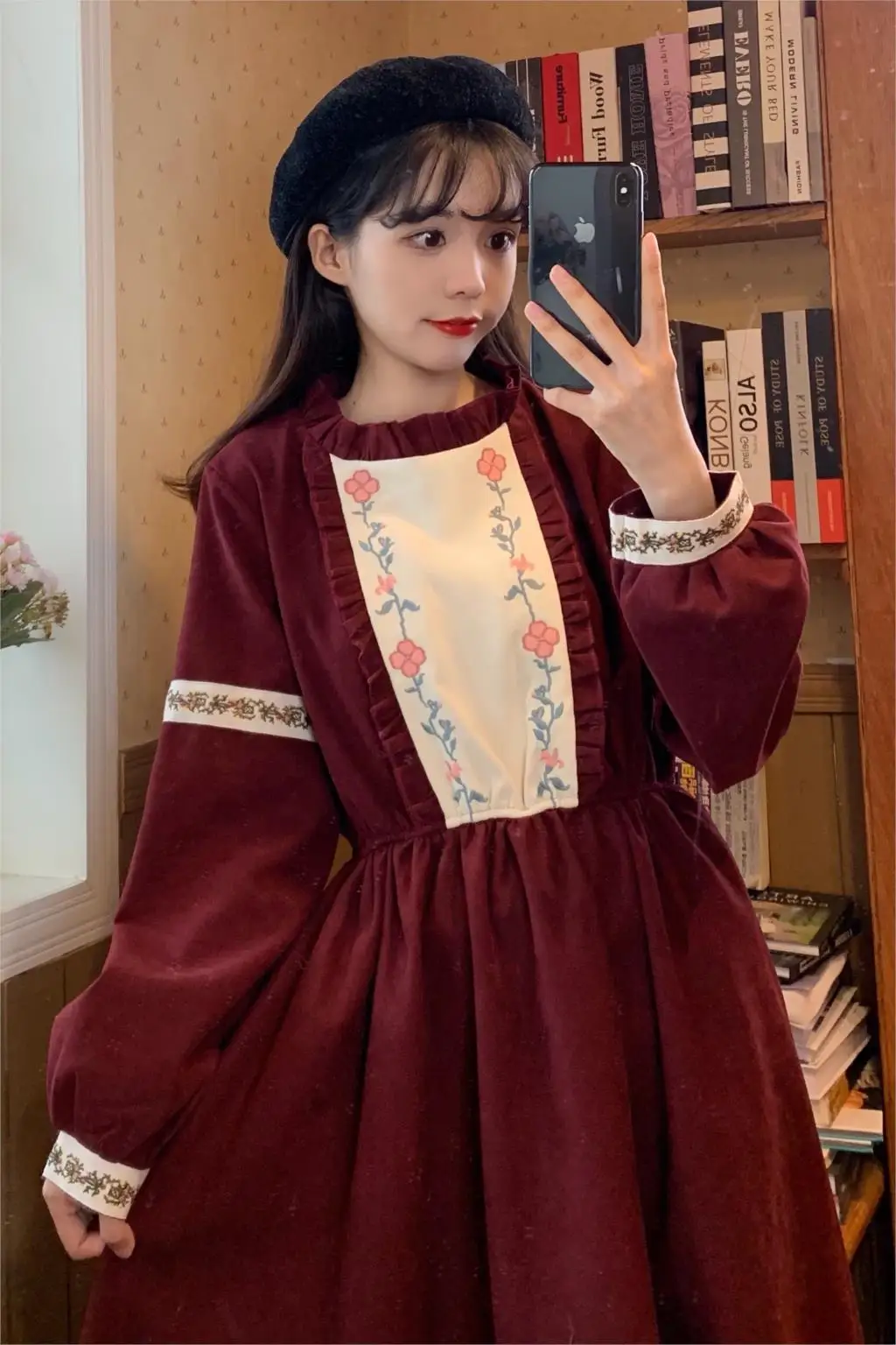 

Japanese Mori Girl Spring Fall Women A-Line Dress Wine Red Floral Embroidery Gorgeous Dress Vintage Elegant Sweet Chic Dresses