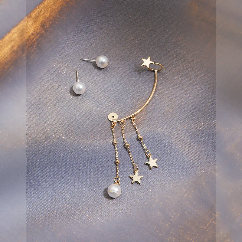 Модные жемчужные золотые серьги с длинной цепочкой со звездой кисточками для
