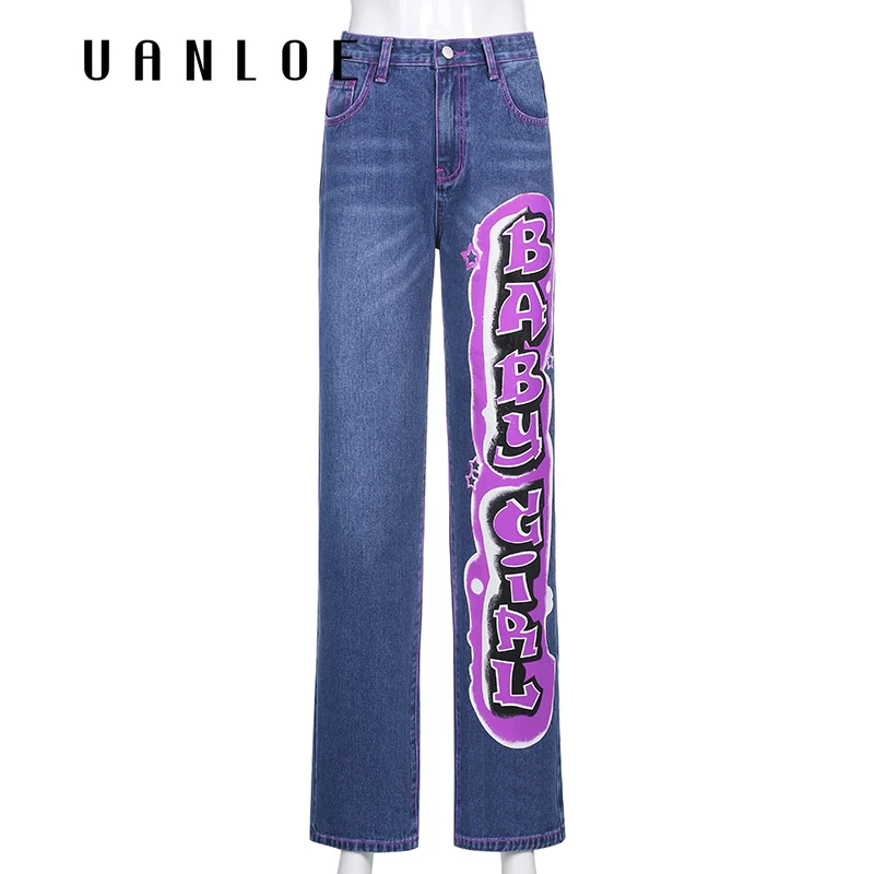 

UANLOE Letter Print Straight Mom Jeans Women Vintage Harajuku Baggy High Waist Boyfriend Punk Denim Streetwear Pants Iamhotty