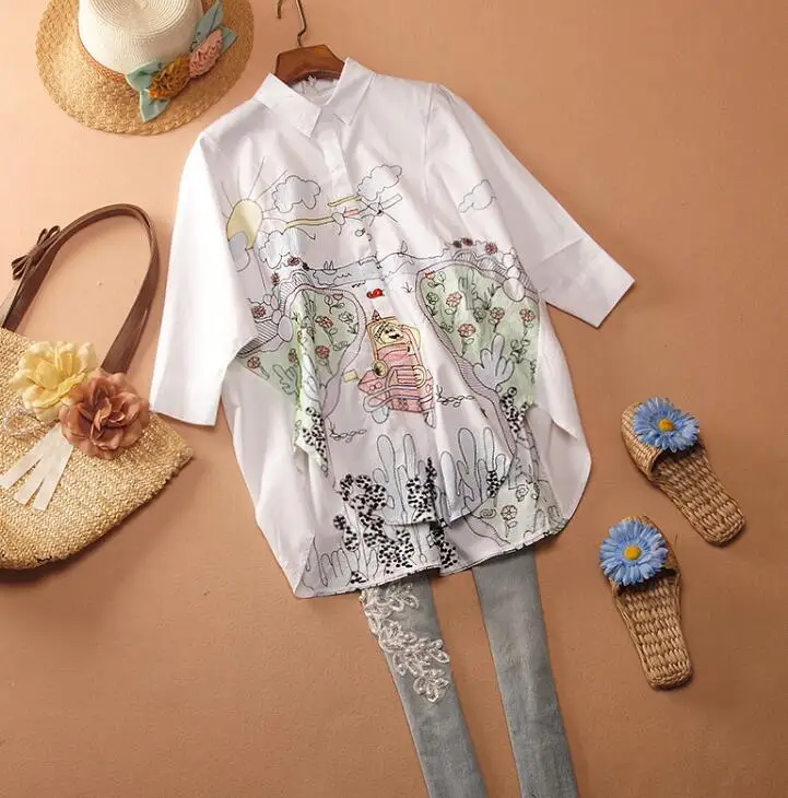 Women's Spring autumn A-Line embroidery Shirt Female Vintage National Loose Casual plus size cotton Shirt Blouse TB977