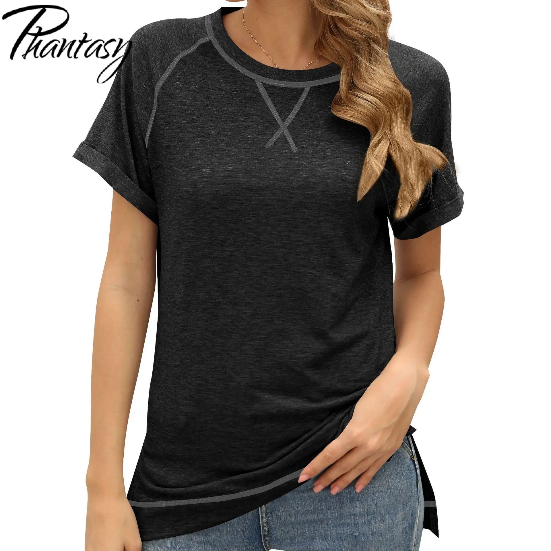 

Phantasy 2021 Spring and Summer New Women's T-Shirt Color Matching Cross Loose Tops Short-Sleeved Loose Casual T-Shirt Female