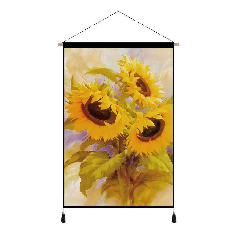 

Nordic Sunflower Paintings Wall Art Canvas Pictures Flowers Poster Wooden Scroll Hanging Painting for Home Living Room Decor