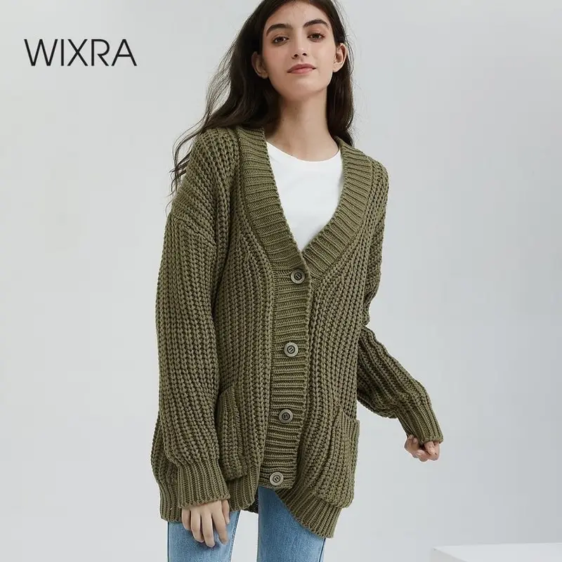 Женский вязаный кардиган с карманами Wixra однотонный толстый стильный свитер на