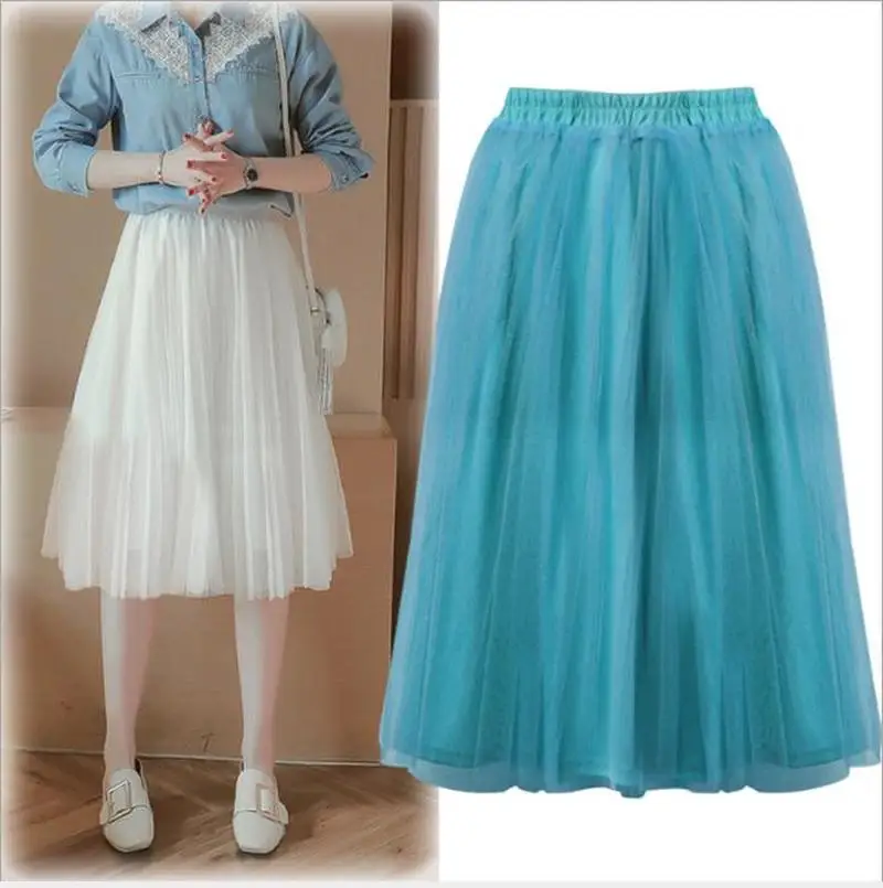 Women Girl Skirt High Waist Mesh Female Autumn and Winter Elegant Fairy Big Swing Pleated Fashion Solid Color A skirt CL81 | Женские юбки